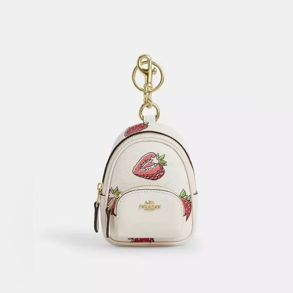 Coach Mini Court Backpack Bag Charm with Strawberry Print Gold/Chalk Leather NWT
